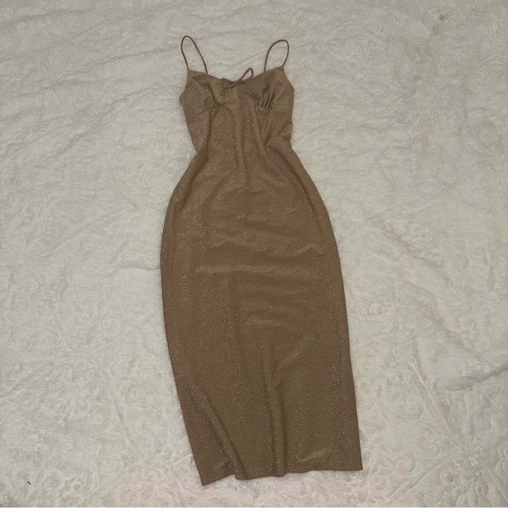 Ultra Flirt Gold Bodycon Midi Dress Spaghetti Strap